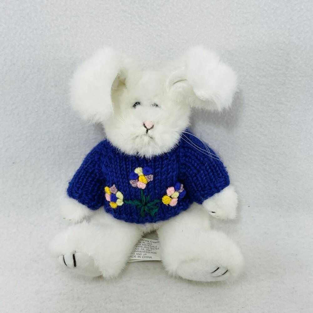 Vintage 1988 Chrisha Playful Plush White Rabbit Bunny Toy Winter Sweater Flower
